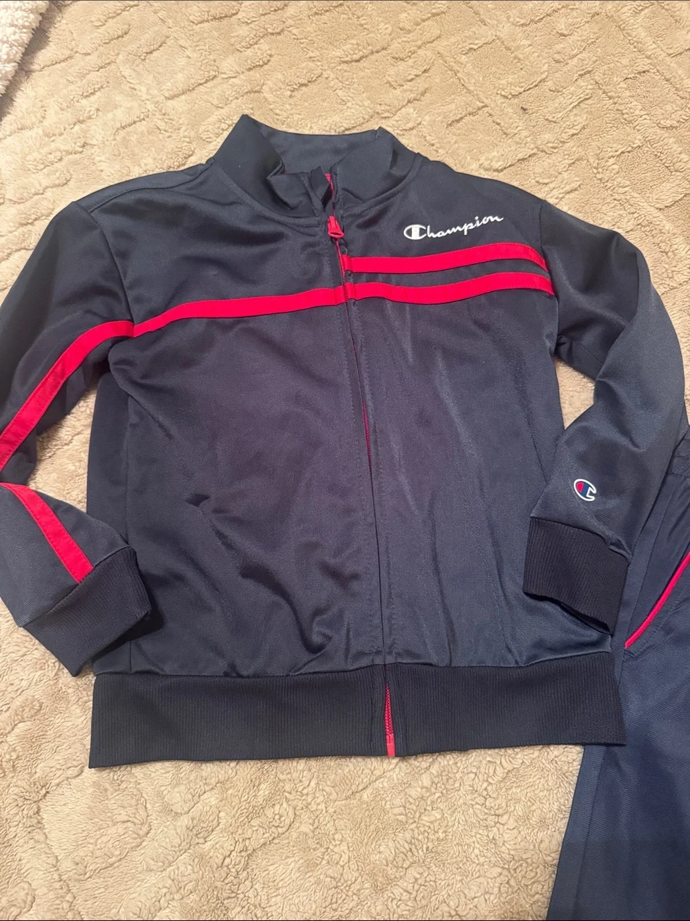 Champion Kids Navy Zip up Jacket & Sweat pants with Red Stripe Accents
